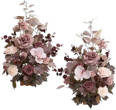 17.5" Artificial Flowers Arrangements, Dusty Rose & Mauve in 13"x5", ribbon:30" long in Pk- Dusty Rose & Mauve