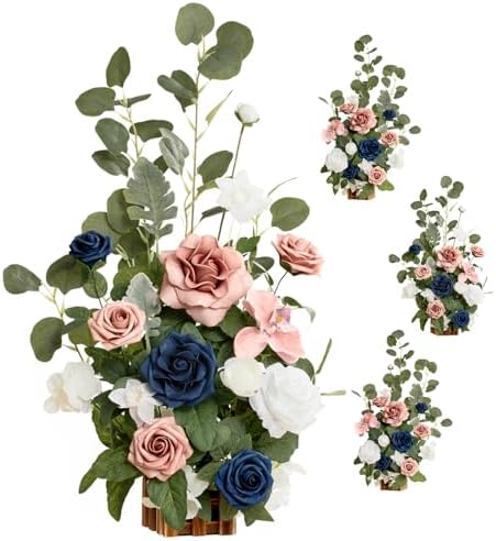 17.5" Tall Standing Artificial Flowers Arrangements 4 pcs Wedding Aisle Runner Chair Decorations Dusty Rose Navy