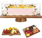 17'' Acacia Wood Cake Stand With Acrylic Lid Rectangular Display Tray in 17*13''