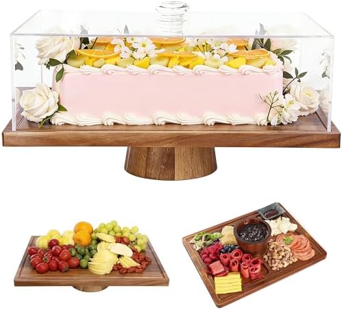 17'' Acacia Wood Cake Stand With Acrylic Lid Rectangular Display Tray in 17*13''
