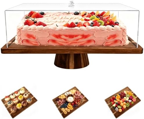 17" Acacia Wood Cake Stand with Lid, Rectangle Cake Stand in Wooden