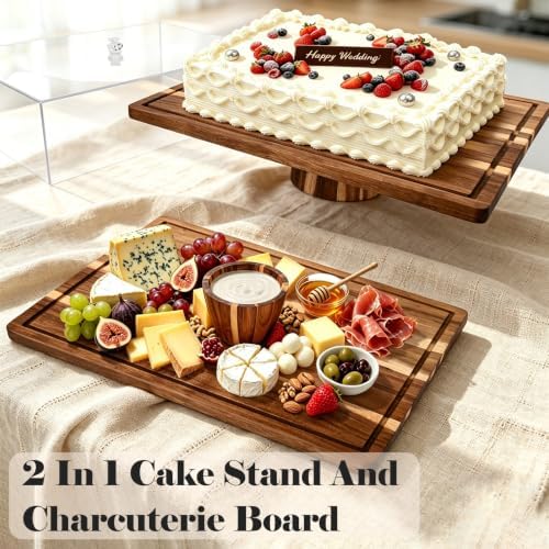 17" Acacia Wood Cake Stand with Lid, Rectangle Cake Stand in Wooden, alternate view 4
