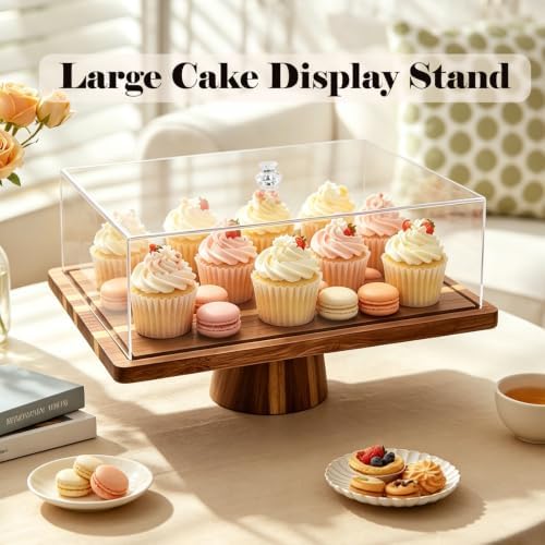 17" Acacia Wood Cake Stand with Lid, Rectangle Cake Stand in Wooden, alternate view 7