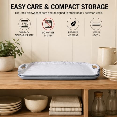 17" Melamine Serving Trays with Handles, Set of 2, White Crackle in White Crackle, alternate view 5