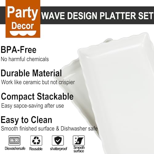 17" x 8" x 1.5" White Serving Tray Set, Wave Edge Melamine Platters for Cookie, Appetizer, Charcuterie, Snack, alternate view