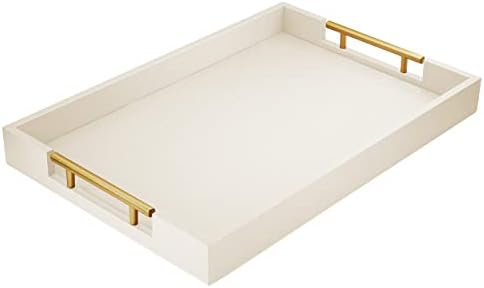 17"x12" Leather Serving Tray, Gold Handle Vanity Platter, Beige in 17" x 12" in Beige