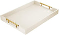 17"x12" Leather Serving Tray, Gold Handle Vanity Platter, Beige in 17" x 12" in Beige