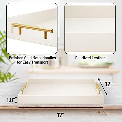 17"x12" Leather Serving Tray, Gold Handle Vanity Platter, Beige in 17" x 12" in Beige, alternate view 3
