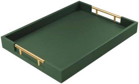 17"x12" Leather Serving Tray, Gold Handle Vanity Platter, Green in 17" x 12" in Green