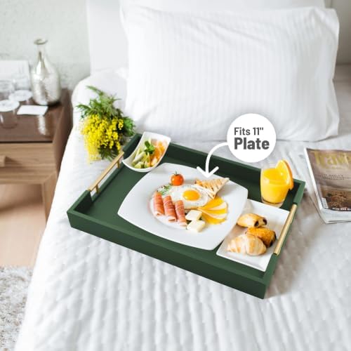 17"x12" Leather Serving Tray, Gold Handle Vanity Platter, Green in 17" x 12" in Green, alternate view 2