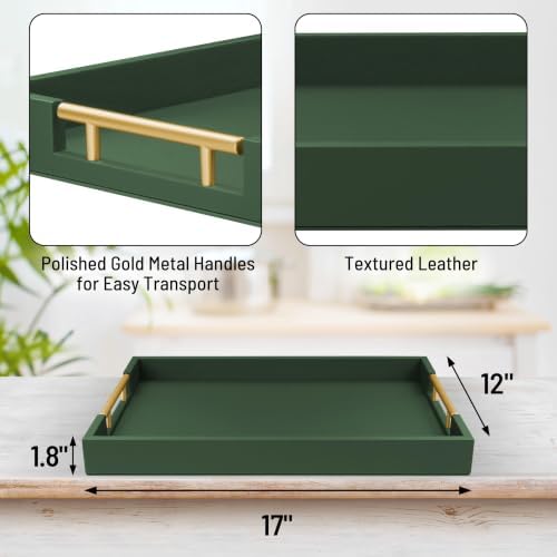 17"x12" Leather Serving Tray, Gold Handle Vanity Platter, Green in 17" x 12" in Green, alternate view 3