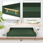 17"x12" Leather Serving Tray, Gold Handle Vanity Platter, Green in 17" x 12" in Green, alternate view 3