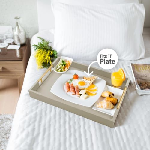 17"x12" Leather Serving Tray, Gold Handle Vanity Platter, Grey in 17" x 12" in Gray, alternate view 2