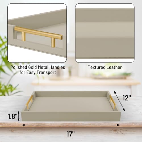 17"x12" Leather Serving Tray, Gold Handle Vanity Platter, Grey in 17" x 12" in Gray, alternate view 3