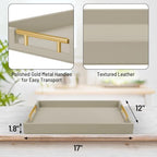 17"x12" Leather Serving Tray, Gold Handle Vanity Platter, Grey in 17" x 12" in Gray, alternate view 3