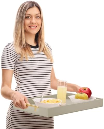 17"x12" Leather Serving Tray, Gold Handle Vanity Platter, Grey in 17" x 12" in Gray, alternate view 5