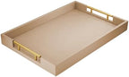 17"x12" Leather Serving Tray, Gold Handle Vanity Platter, Khaki in 17" x 12" in Patinated Gold