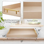 17"x12" Leather Serving Tray, Gold Handle Vanity Platter, Khaki in 17" x 12" in Patinated Gold, alternate view 3