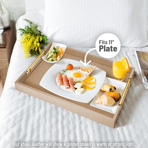 17"x12" Leather Serving Tray, Gold Handle Vanity Platter, Khaki in 17" x 12" in Patinated Gold, alternate view 5
