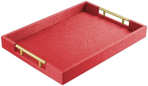 17"x12" Leather Serving Tray, Gold Handle Vanity Platter, Red in 17" x 12" in Red