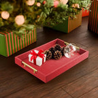 17"x12" Leather Serving Tray, Gold Handle Vanity Platter, Red in 17" x 12" in Red, alternate view 2