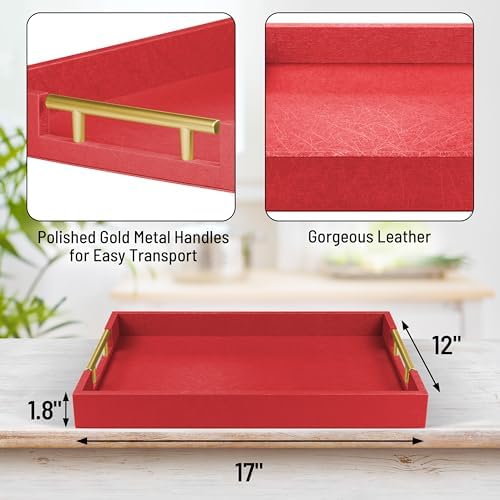 17"x12" Leather Serving Tray, Gold Handle Vanity Platter, Red in 17" x 12" in Red, alternate view 3