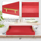17"x12" Leather Serving Tray, Gold Handle Vanity Platter, Red in 17" x 12" in Red, alternate view 3