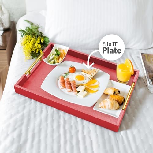 17"x12" Leather Serving Tray, Gold Handle Vanity Platter, Red in 17" x 12" in Red, alternate view 4