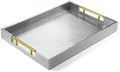 17"x12" Leather Serving Tray, Gold Handle Vanity Platter, Silvery in 17" x 12" in Alligator Silver