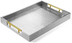 17"x12" Leather Serving Tray, Gold Handle Vanity Platter, Silvery in 17" x 12" in Alligator Silver