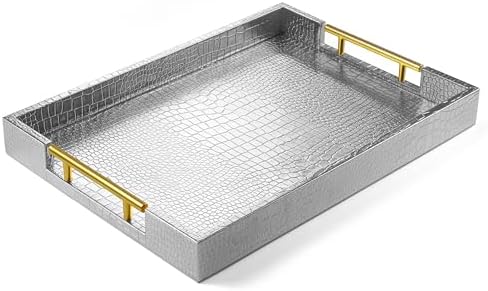 17"x12" Leather Serving Tray, Gold Handle Vanity Platter, Silvery in 17" x 12" in Alligator Silver