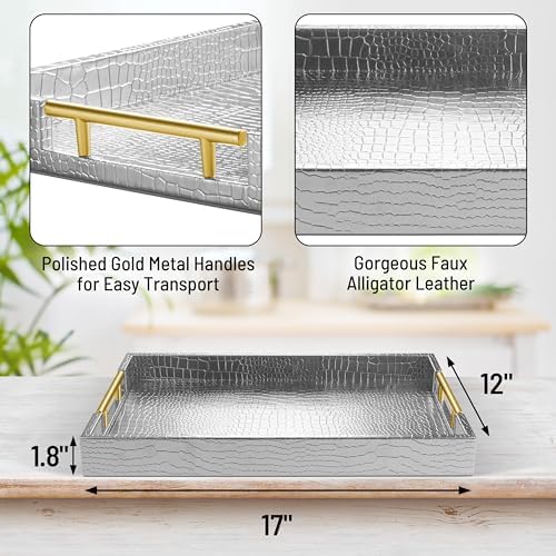 17"x12" Leather Serving Tray, Gold Handle Vanity Platter, Silvery in 17" x 12" in Alligator Silver, alternate view 3