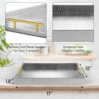 17"x12" Leather Serving Tray, Gold Handle Vanity Platter, Silvery in 17" x 12" in Alligator Silver, alternate view 3