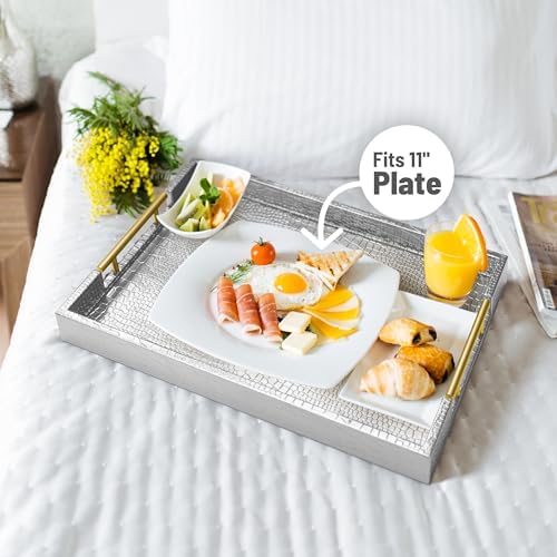 17"x12" Leather Serving Tray, Gold Handle Vanity Platter, Silvery in 17" x 12" in Alligator Silver, alternate view 4