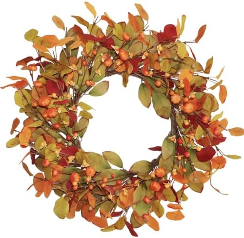18-20 Inch Eucalyptus and Magnolia Fall Wreath with Pumpkin Berries in Orange Green-2 18-20"