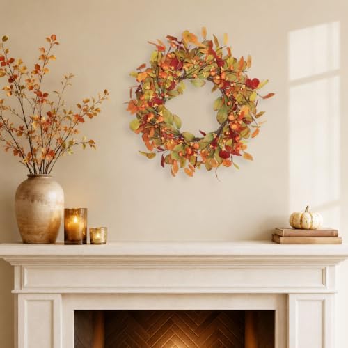 18-20 Inch Eucalyptus and Magnolia Fall Wreath with Pumpkin Berries in Orange Green-2 18-20", alternate view 5