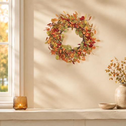 18-20 Inch Eucalyptus and Magnolia Fall Wreath with Pumpkin Berries in Orange Green-2 18-20", alternate view 6
