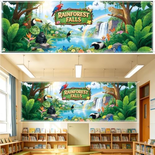 18×6ft Rainforest Falls VBS Backdrop, Large Tropical Jungle Background in 18×6ft