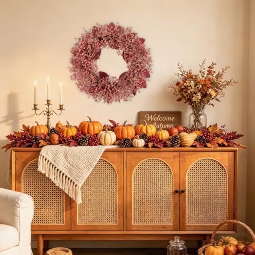 18" Fall Wreath Artificial Berry Leaf Wreath for Thanksgiving Wall Decor, alternate view 3