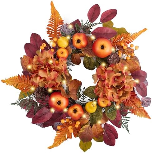 18'' Fall Wreath for Front Door with Lights & Pomegranate in Red Orange