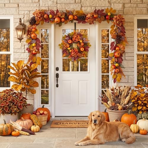 18'' Fall Wreath for Front Door with Lights & Pomegranate in Red Orange, alternate view 2