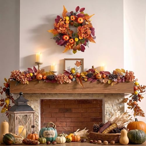 18'' Fall Wreath for Front Door with Lights & Pomegranate in Red Orange, alternate view 4
