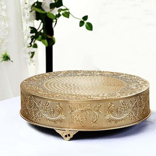 18" Gold Round Embossed Metal Cake Plateau Stand, Wedding Dessert Table Display Riser in Gold