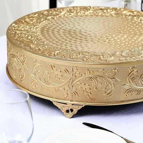 18" Gold Round Embossed Metal Cake Plateau Stand, Wedding Dessert Table Display Riser in Gold, alternate view 3