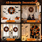 18" Halloween Wreath for Front Door with Pompoms & Spider Net, alternate view 6