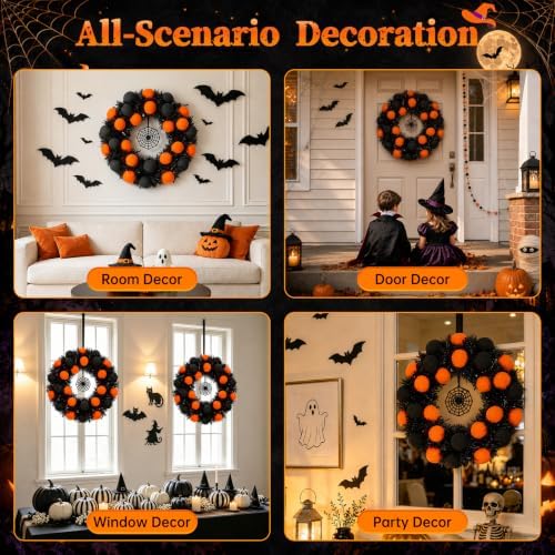 18" Halloween Wreath for Front Door with Pompoms & Spider Net, alternate view 6