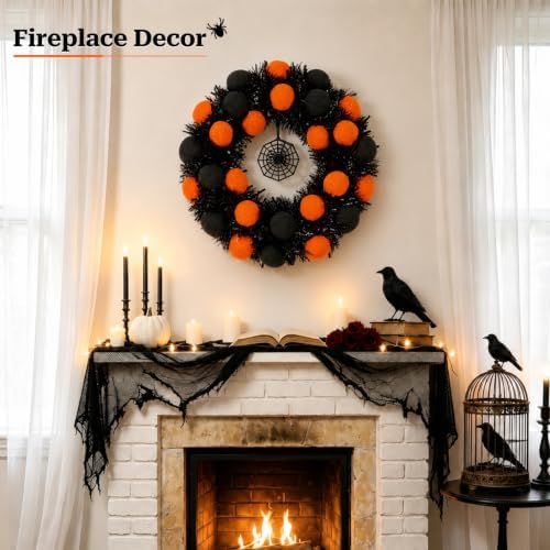 18" Halloween Wreath for Front Door with Pompoms & Spider Net, alternate view 7