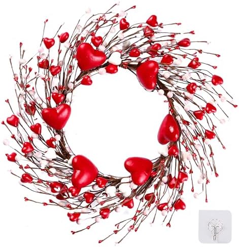 18'' Handmade Foam Heart Shaped Wreath - Red Pip Berry Artificial Rustic Twig Wreath - Wedding Party Home Office