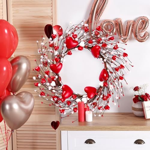 18'' Handmade Foam Heart Shaped Wreath - Red Pip Berry Artificial Rustic Twig Wreath - Wedding Party Home Office, alternate