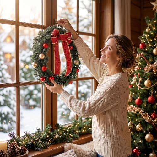 18 Inch Christmas Wreath, Red Bow and Balls, Front Door Decor, alternate view 3